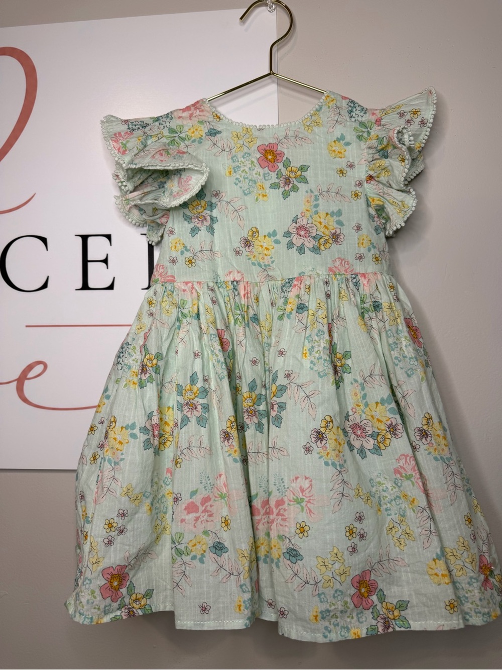 Girls Floral Ruffle-Sleeve Mint Dress